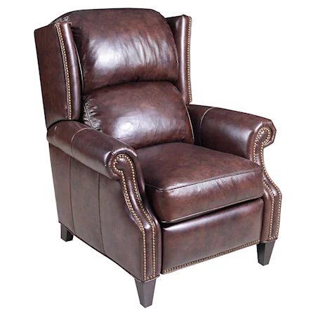 Transitional High Leg Recliner with Wing Back and Nailhead Studs